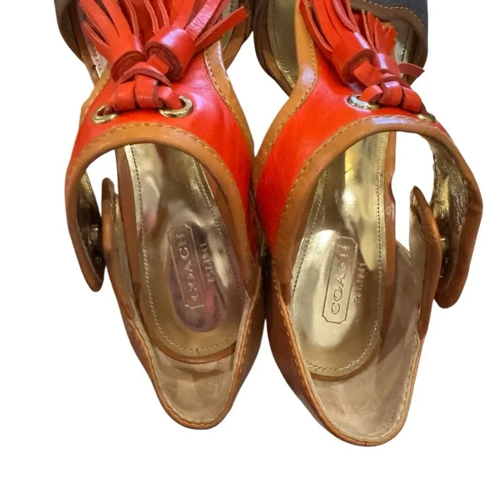Coach Women's Tristen Tan Red Blue Heeled Tassel Heeled Leather Sandals 7